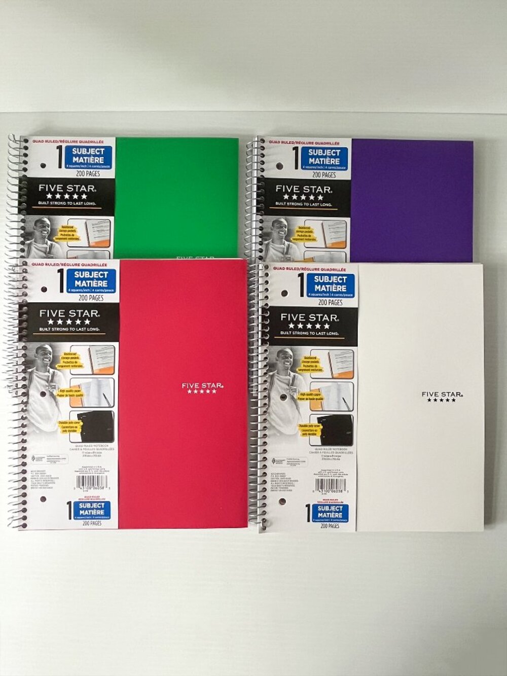 4 Pack Five Star 1-Subject Quad-Ruled Notebooks 8.5x11 200 Pages Assorted Colors